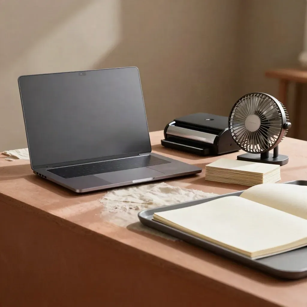 Closed laptop, scanner, blank cards and face-down notepad on a terracotta ledge in warm light.