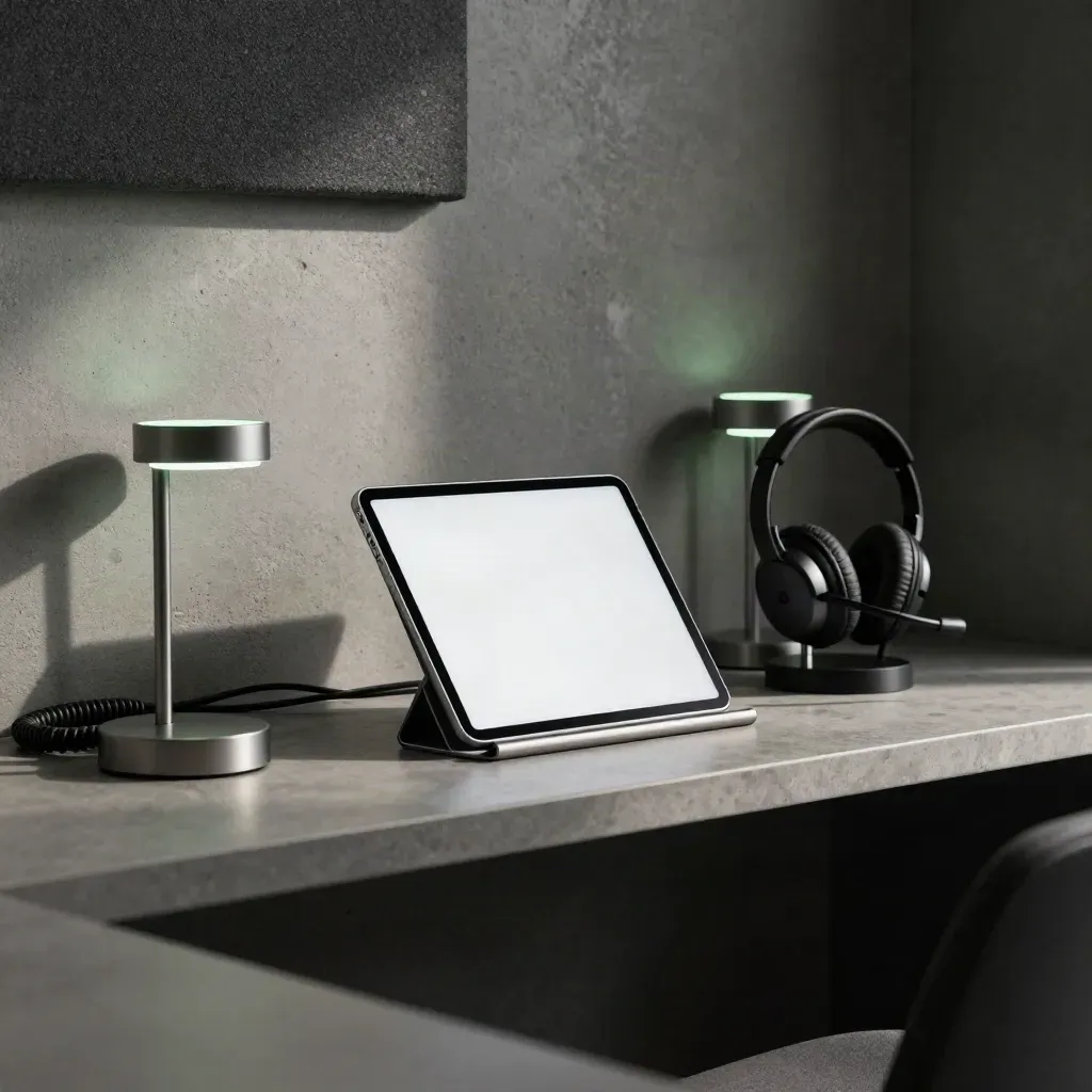 Dim support chat station with glowing tablet, headset dock, and twin lamps in a dark alcove.