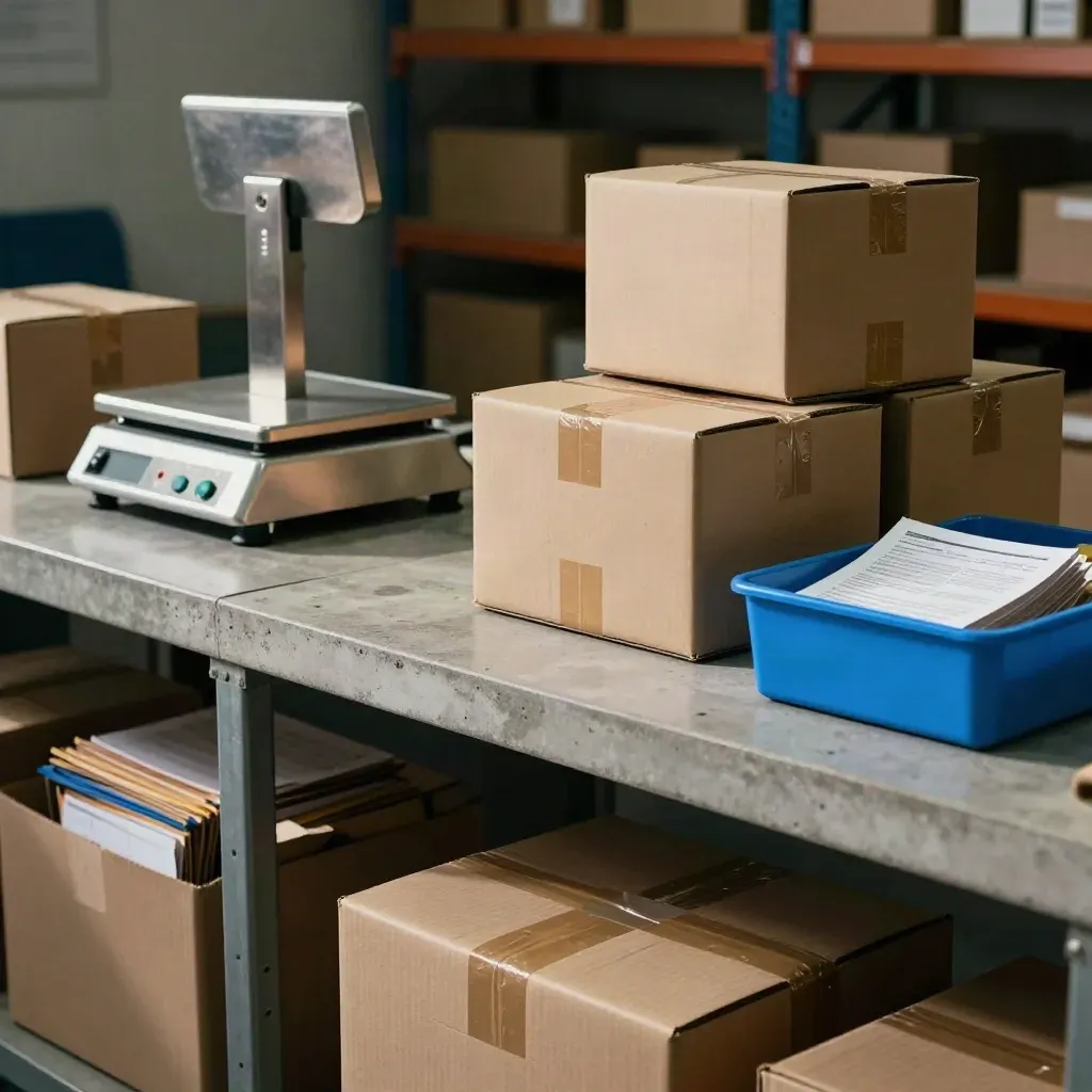 Parcel dispatch bench with sealed boxes, scale, and return bin in a warehouse backroom.