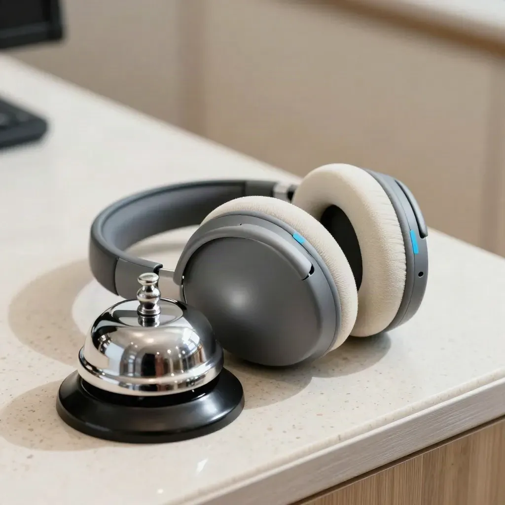 Macro still life of a headset earcup, call bell and blue route marker on travertine.