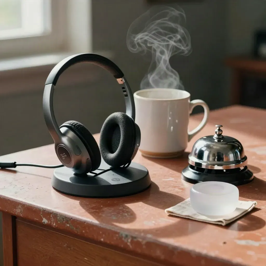 Support tools still life with headset dock, steaming mug, call bell, and paperweight on terracotta.