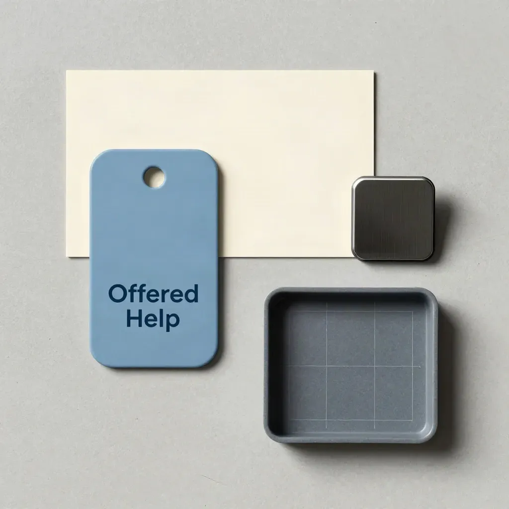 Overhead flatlay of a blue task token, card, chip and tray on pale concrete.
