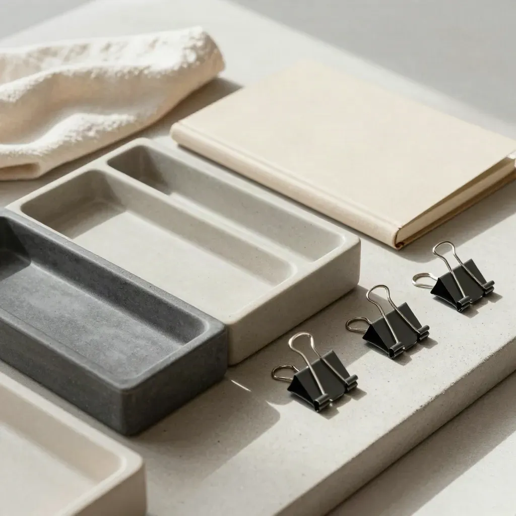 Two inbox trays, a closed notebook and three tab clips on concrete in soft side light.