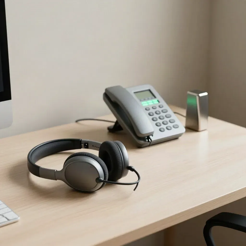 Headset dock, ringing phone base, and task timer on a pale wood desk