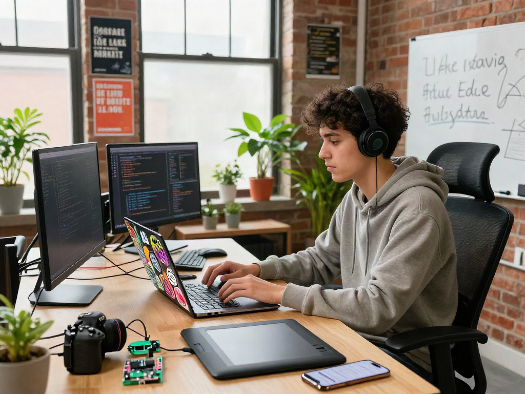 You can crush on innovative tech development with a young coder immersed in a lively workspace filled with gadgets and greenery.