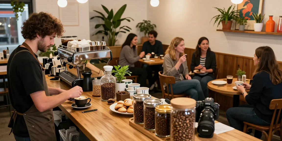 Barista at rokok88 café creating artisanal coffee, vibrant atmosphere.
